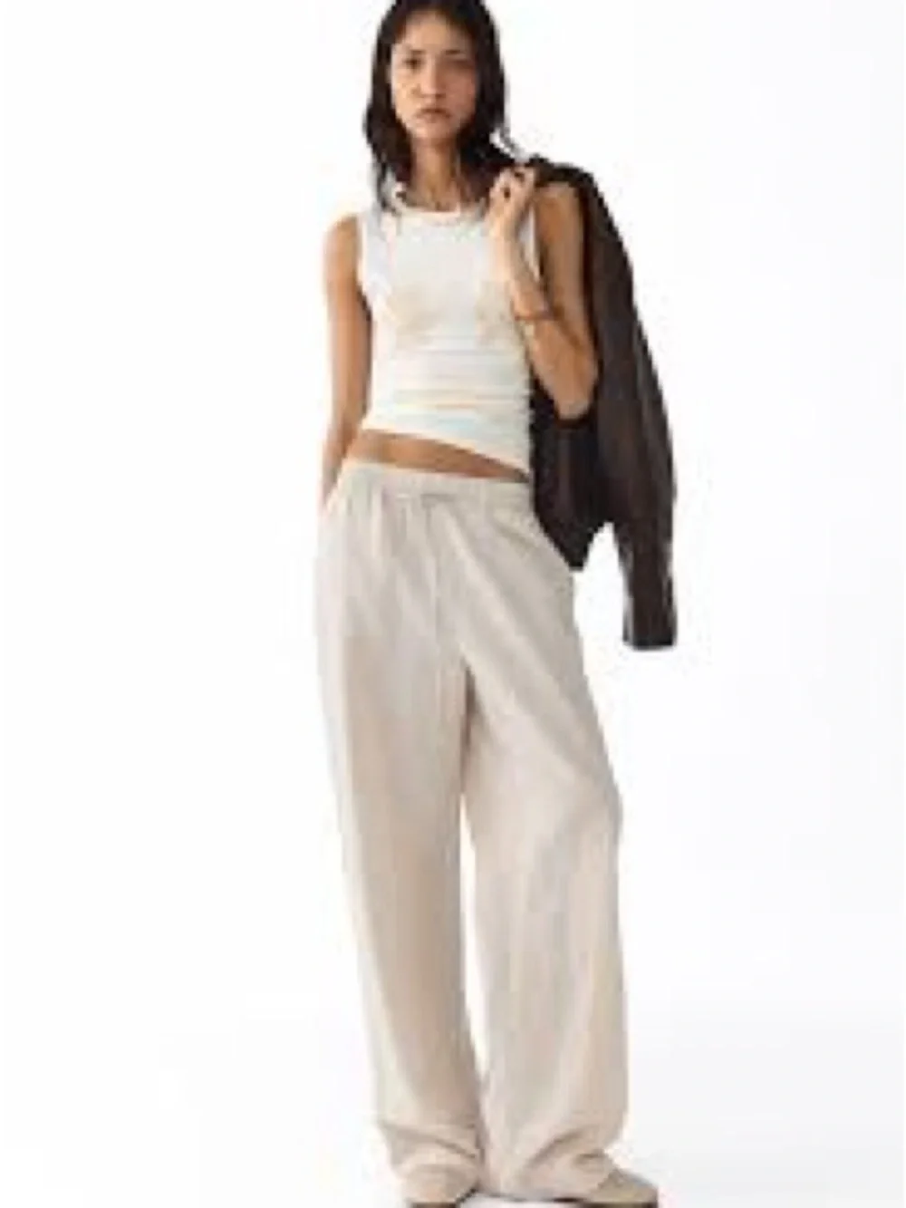 H&M Light Beige Drawstring Linen-Blend Women's Chinos